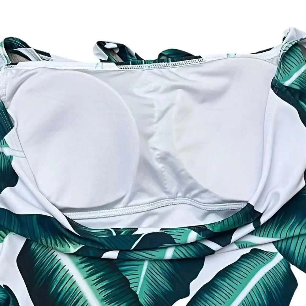 Tropical Palm Leaf One Piece Swimsuit XL Green White Halter Ruched Tummy Control